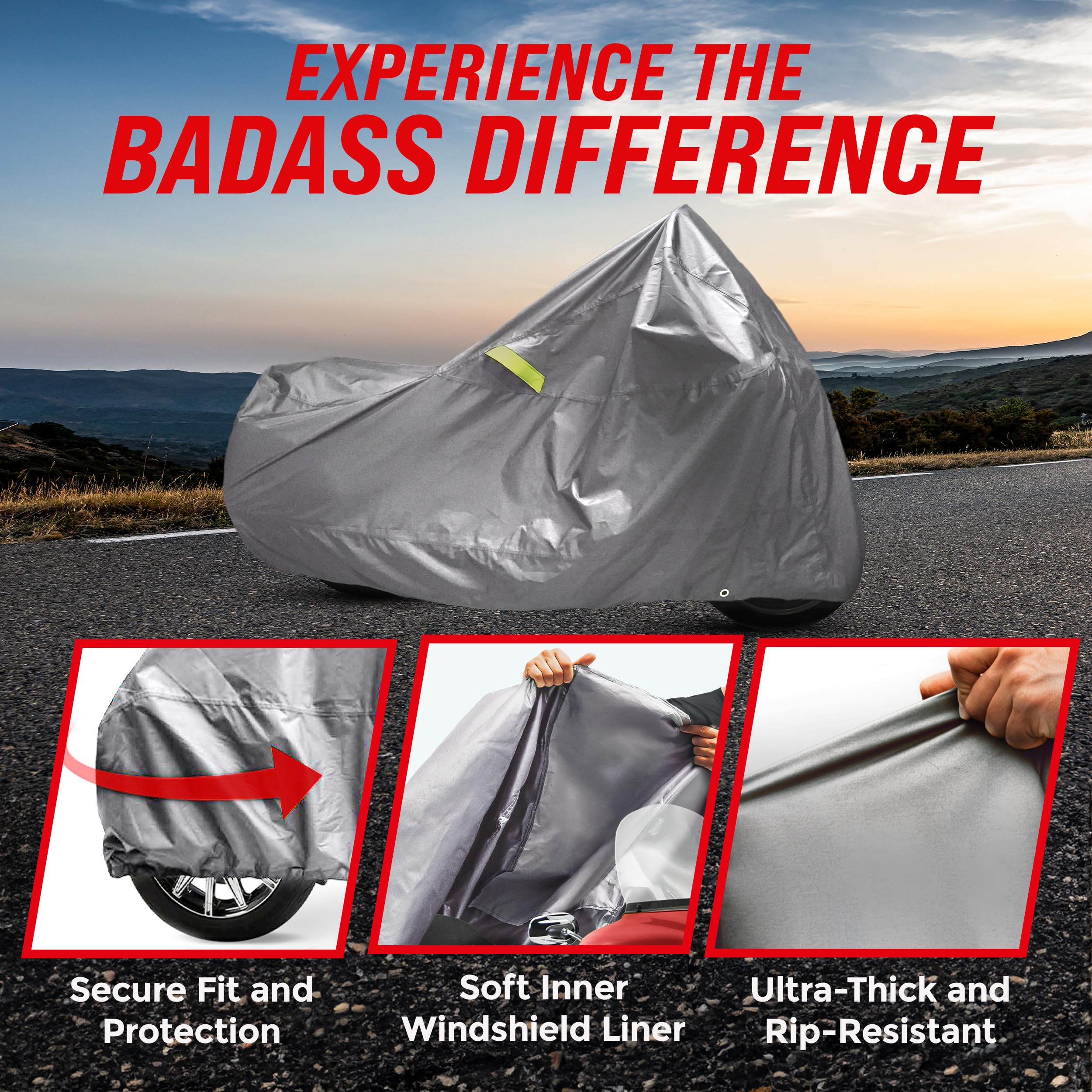 Badass Moto Ultimate - Funda impermeable para motocicleta, fundas de motocicleta para almacenamiento al aire libre para Harleys, bicicleta de calle o deportiva, costuras selladas, forro de parabrisas