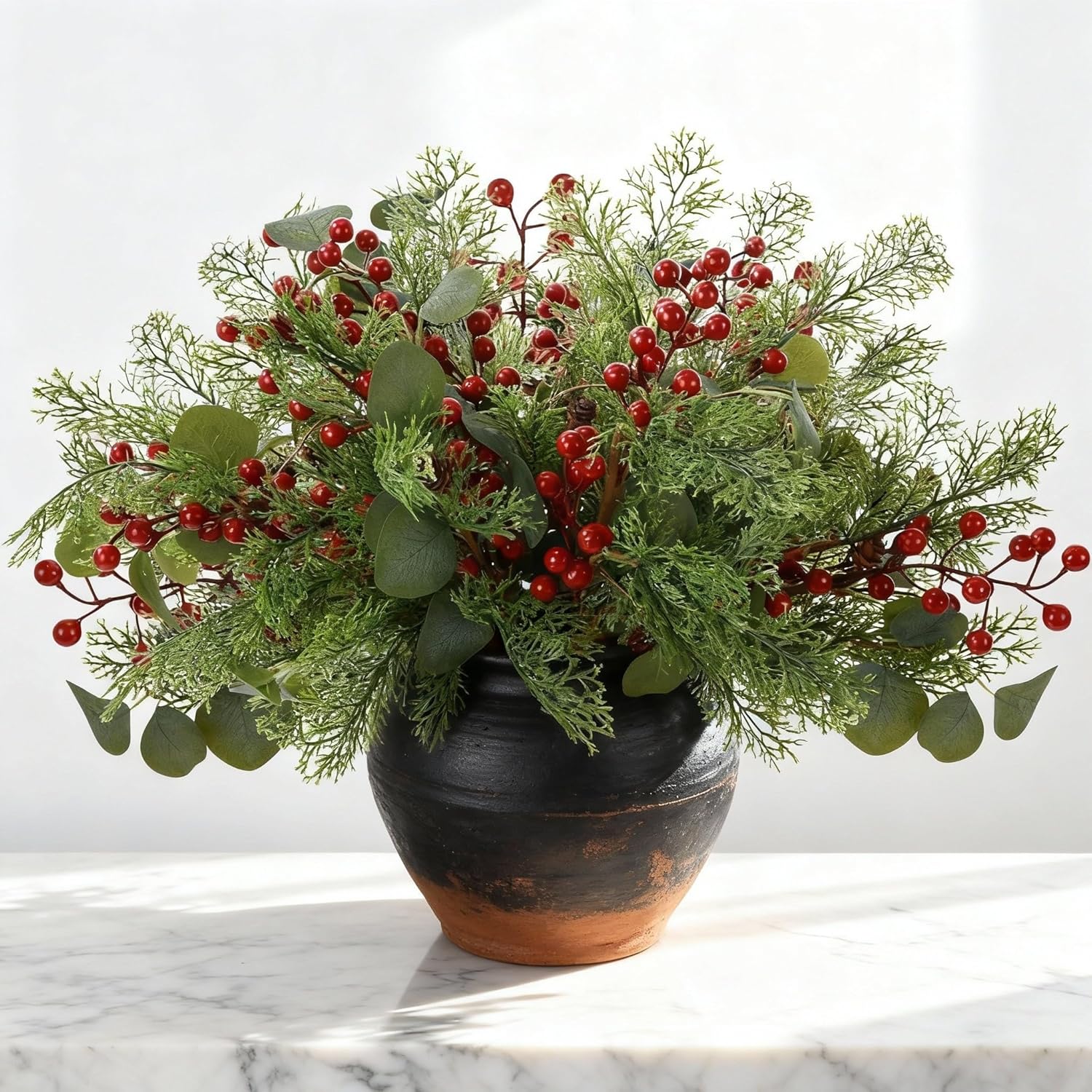 12 Pcs Christmas Artificial Pine Branches with Red Berries Stems for Vase 17.8 Inch Fake Cedar Branches Norfolk Pine Greenery Stems Holly Berries for Holiday DIY Crafts Home Decor(Cedar)