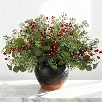 12 Pcs Artificial Cedar Pine Branches Red Berries Stems 17.8 Inch