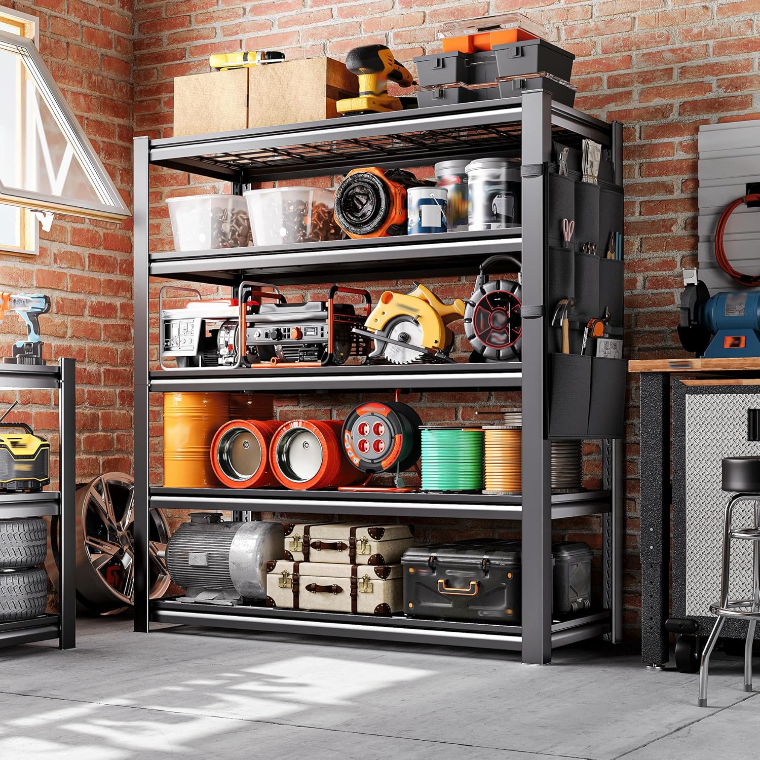 REIBII 5-Tier Storage Shelves,38.2" W Heavy Duty Garage Shelving Load 2500LBS,Metal Shelving Units with Tool Storage Bag, Adjustable Wire Shelving Industrial for Basement,66" H x16 D,Black - Image 7