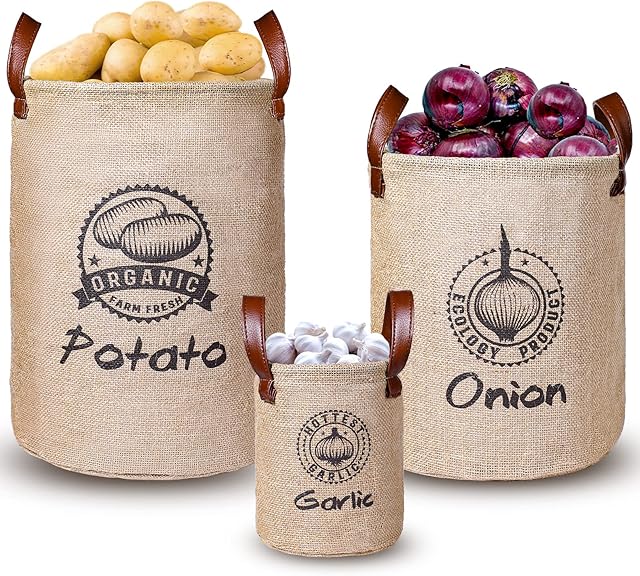 Kamehame Potato and Onion Storage Bags Garlic Storage Keeper Bag 3 Pcs Lined Burlap Pantry Storage Bin Basket