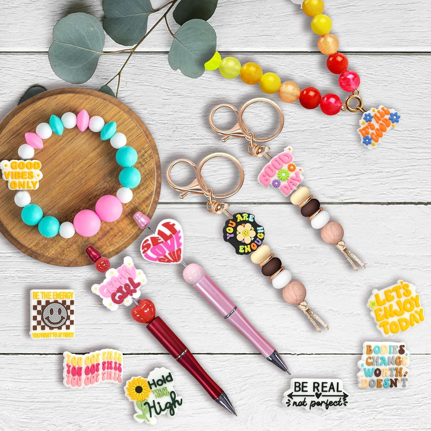 XHAOYEAHX 50PCS Phrase Focal Beads for pens, Not Duplicated Silicone Focal Beads for DIY Beadable Pen Keychain Bracelet Lanyard Making