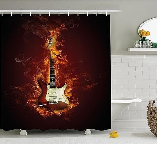 Miniatura 1 de Guitarra cortina de ducha por Ambesonne, Eléctrico Guitarra en llamas ardiendo Hardrock Musical creatividad Concept, juego de decoración de baño de