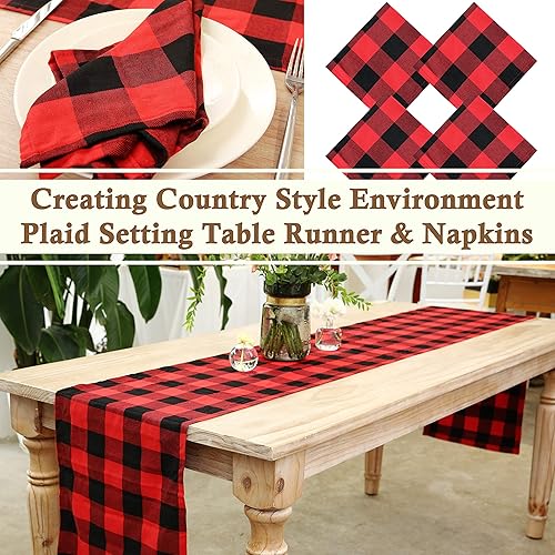 Miniatura 3 de Camino de mesa y 4 servilletas, patrón de búfalo rojo a cuadros para Navidad, camino de 110 x 14 pulgadas y servilletas de 17 x 17 pulgadas, en caja