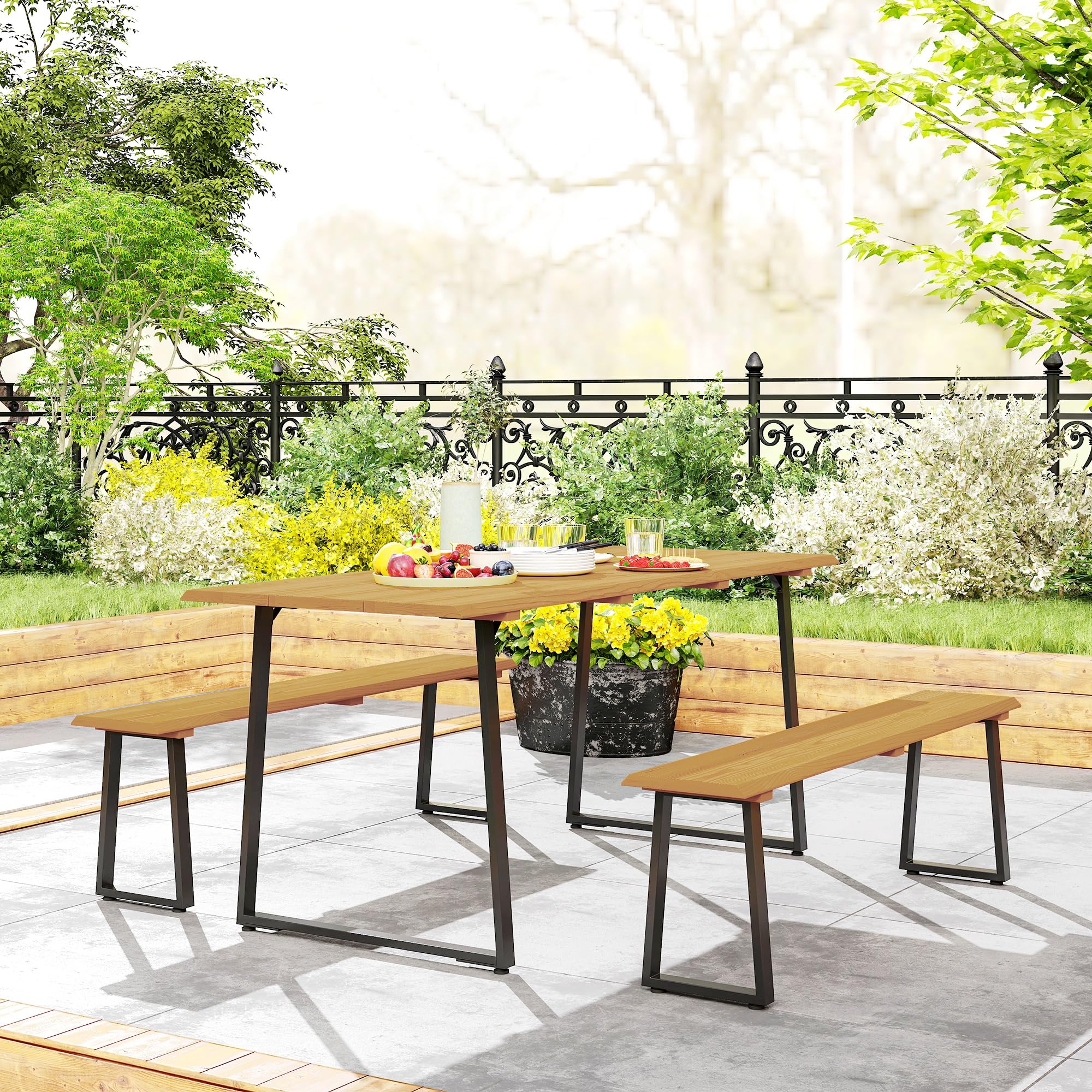 Outsunny Sitzgruppe 3-teilig Holz Essgruppe für 6 Personen mit Esstisch und 2 Bänken Schirmloch Esszimmergruppe Holztisch Küchentisch-Set Gartenmöbel für Balkon Terrasse Naturholz