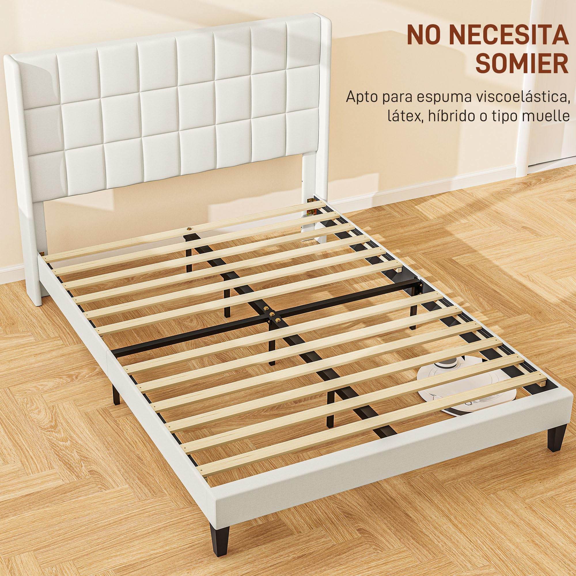 HOMCOM Cama 135x190 cm Estructura de Cama Somier con Cabecera Tapizada de Lino Sintético y Espacio de Almacenamiento Debajo de la Cama Carga 300 kg Beige