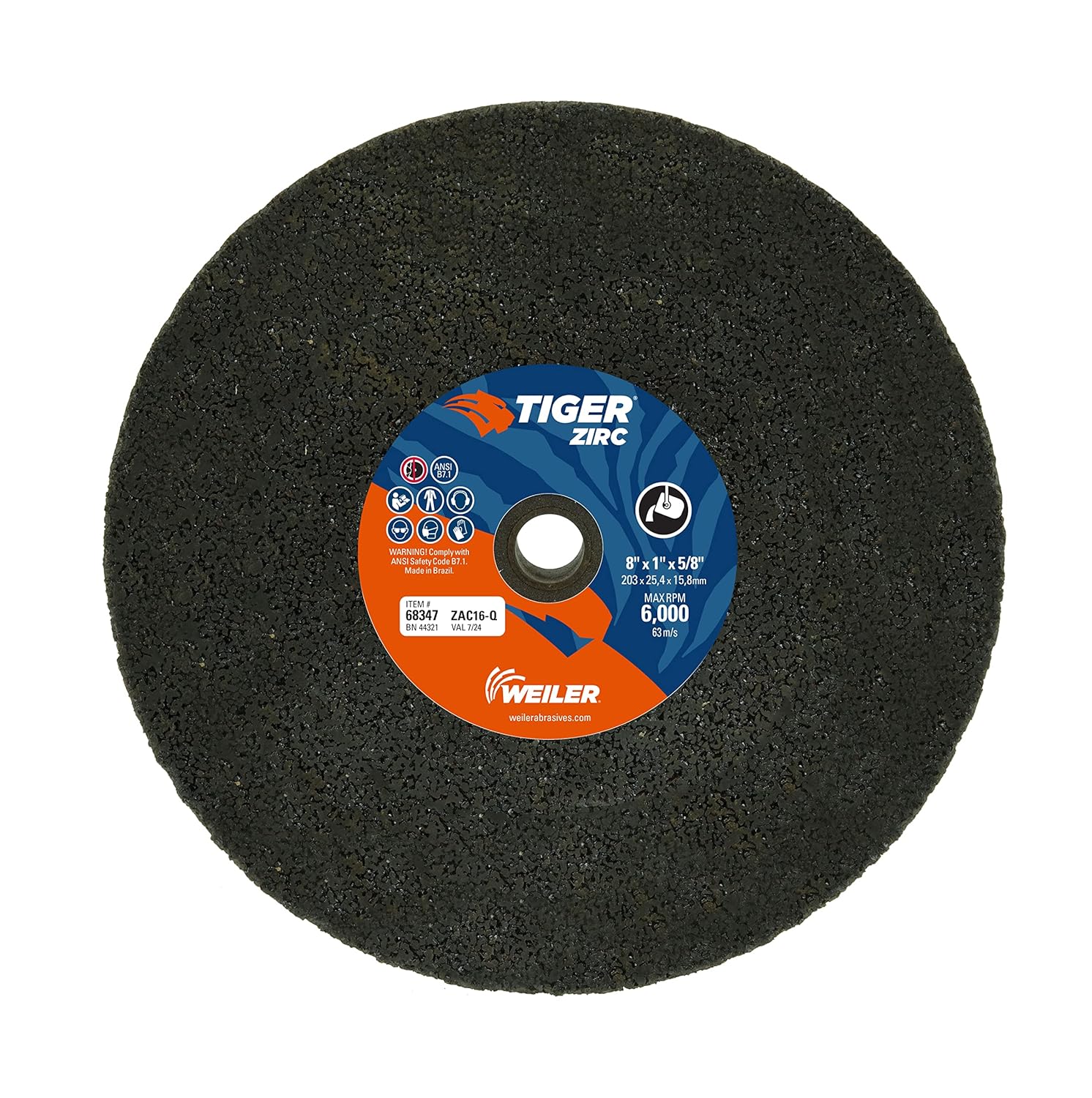 Weiler 68347 Tiger ZIRC Type 1 Portable Snagging Wheel, ZAC16-Q, 8"x1"x5/8", (Pack of 5)