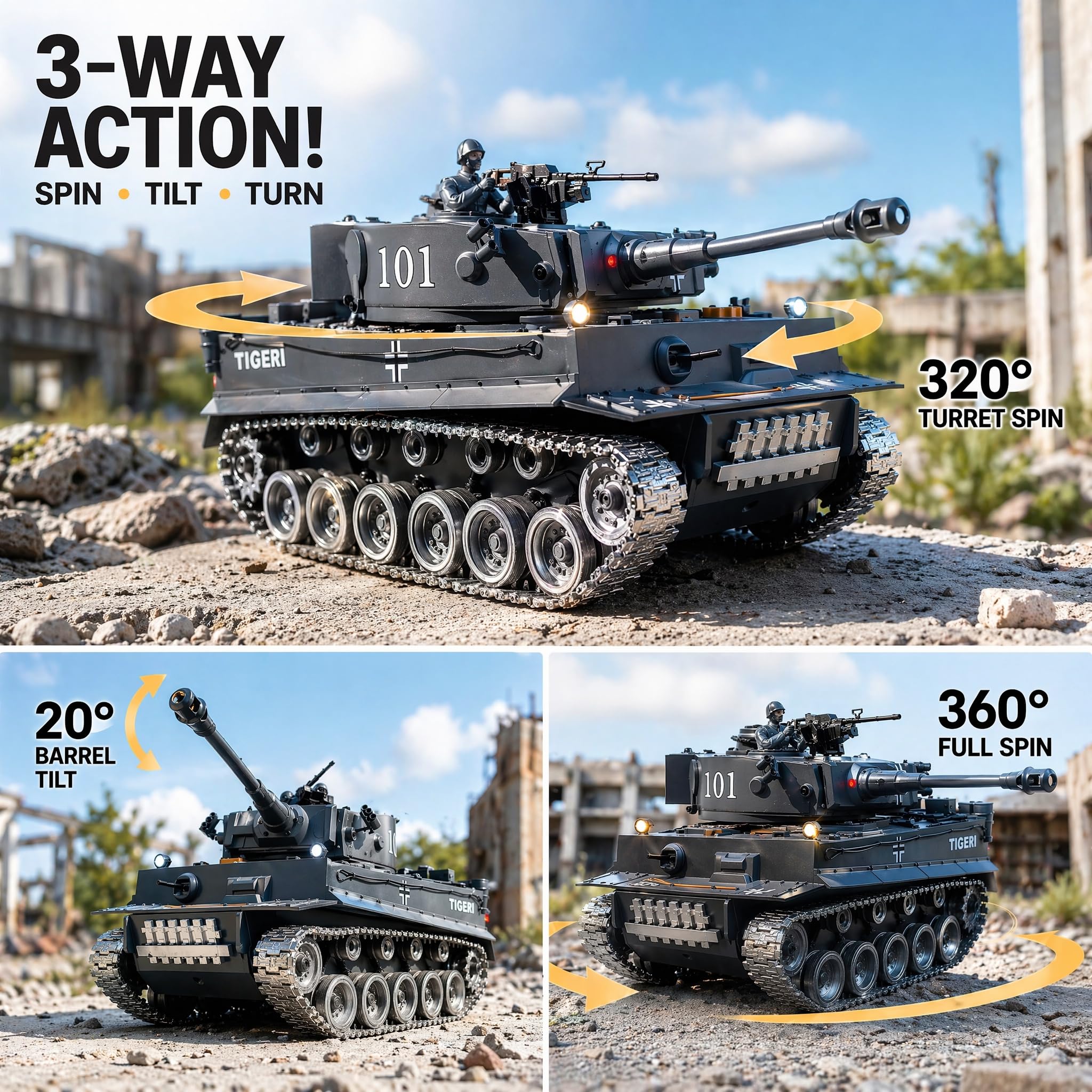 Tanque RC Tiger 1:18 Orugas Metálicas – Retroceso Realista Disparo Agua 2.4GHz | Tanque Teledirigido Militar Juguete Regalo Niño 8 Años | Kit Completo