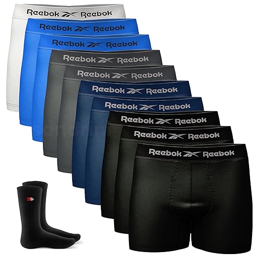 Kit 10 Cuecas Boxer Reebok Masculinas Microfibra Adulto Box Sem Costura + 2 Meias