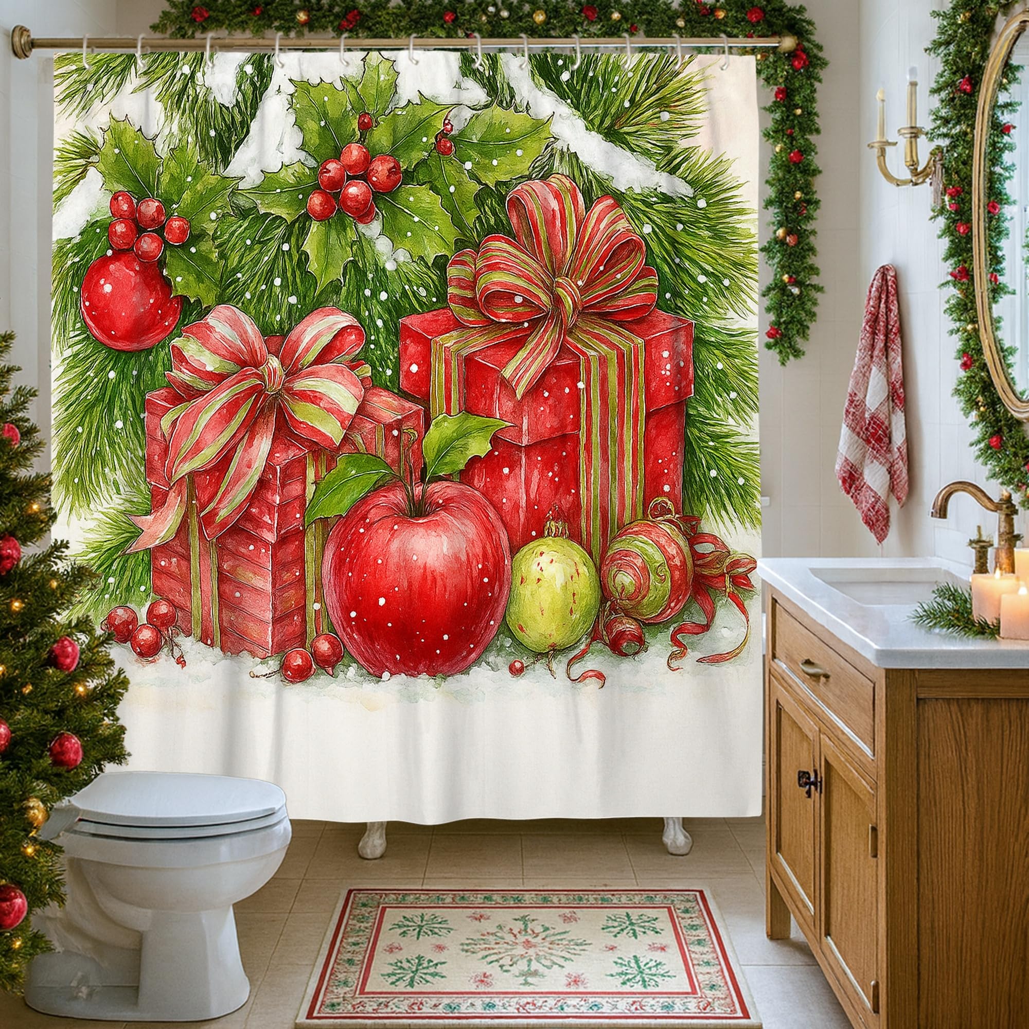 Rideau de douche de Noël imperméable en tissu anti-éclaboussures pour salle de bain