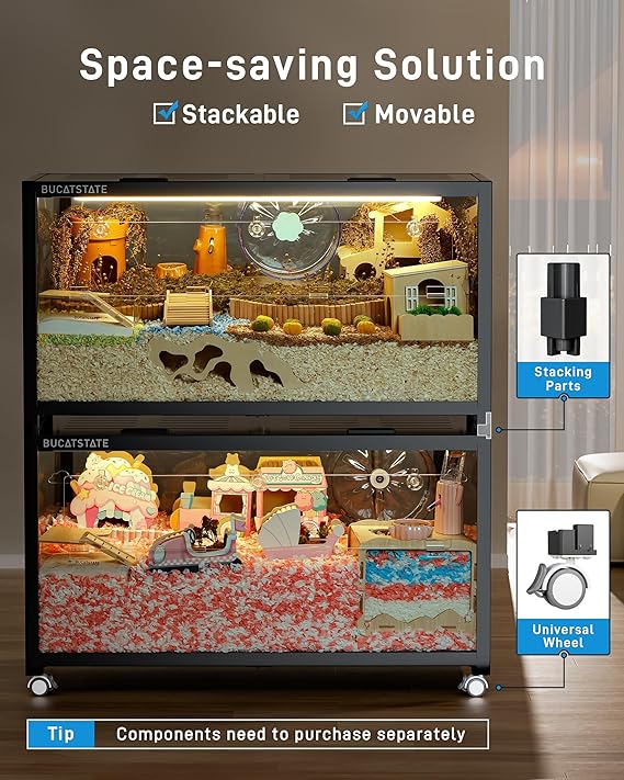 BUCATSTATE Hamster Cage 3.0: Large Metal Rat Cage Stackable with Top Access Easy Assemble 39.3L x 19.7W x 20.4H Inches Dwarf Syrian Hamster Tank for Gerbil Mouse (5.4 ft2, Black)