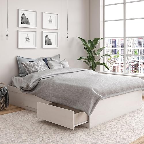 Ameriwood Home Cama de plataforma completa con cajones, roble marfil