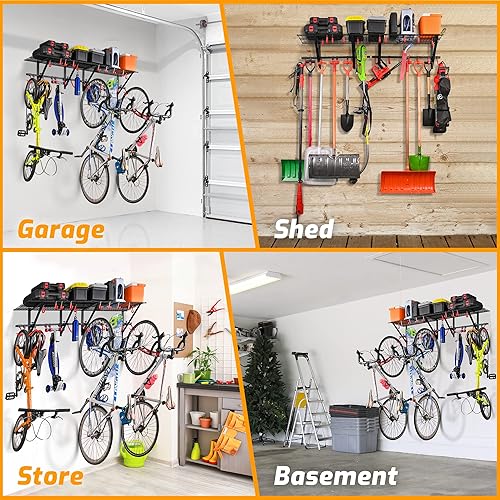 Vista 5 de PLKOW Estantería de pared de garaje incluye ganchos para bicicleta, estantería de garaje ajustable y resistente para montaje en pared