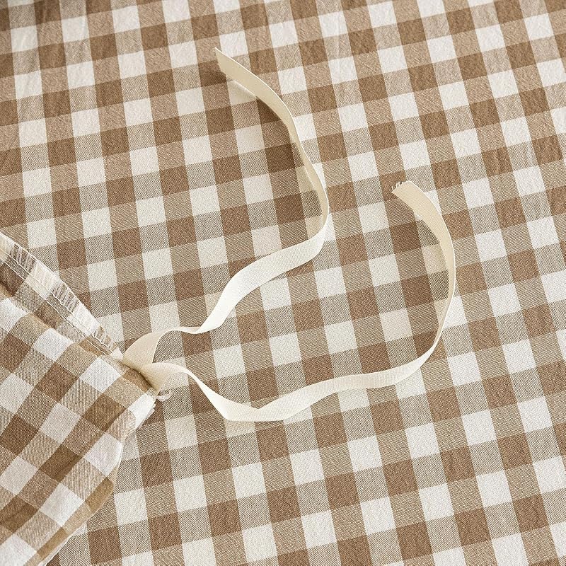 Mucalis Tan Gingham Duvet Cover Queen 100% Washed Cotton Brown Plaid Checkered Duvet Cover Set Vintage 3 Piece Beige Cream Grid Bedding Set with Zipper Closure Corner Ties,Durable,Breathable,Easy care image 6