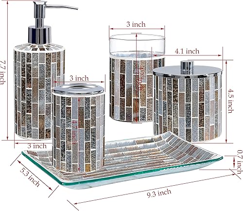 Miniatura 2 de KMWARES Juego de accesorios de baño de vidrio de mosaico decorativo 5 piezas incluye dispensador de jabón Hande y tarro de algodón vaso y bandeja de