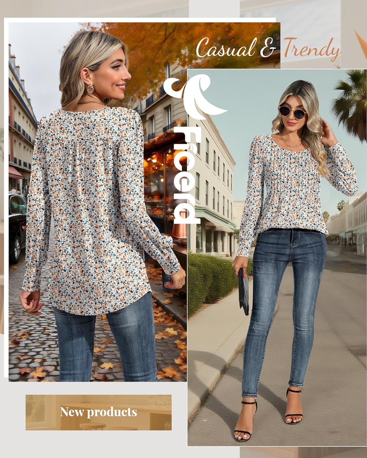 Ficerd Women's Puff Long Sleeve Tunic Tops Pleated Crew Neck Blouses Dressy Casual Loose Fit Fall and Winter Shirts - Image 6