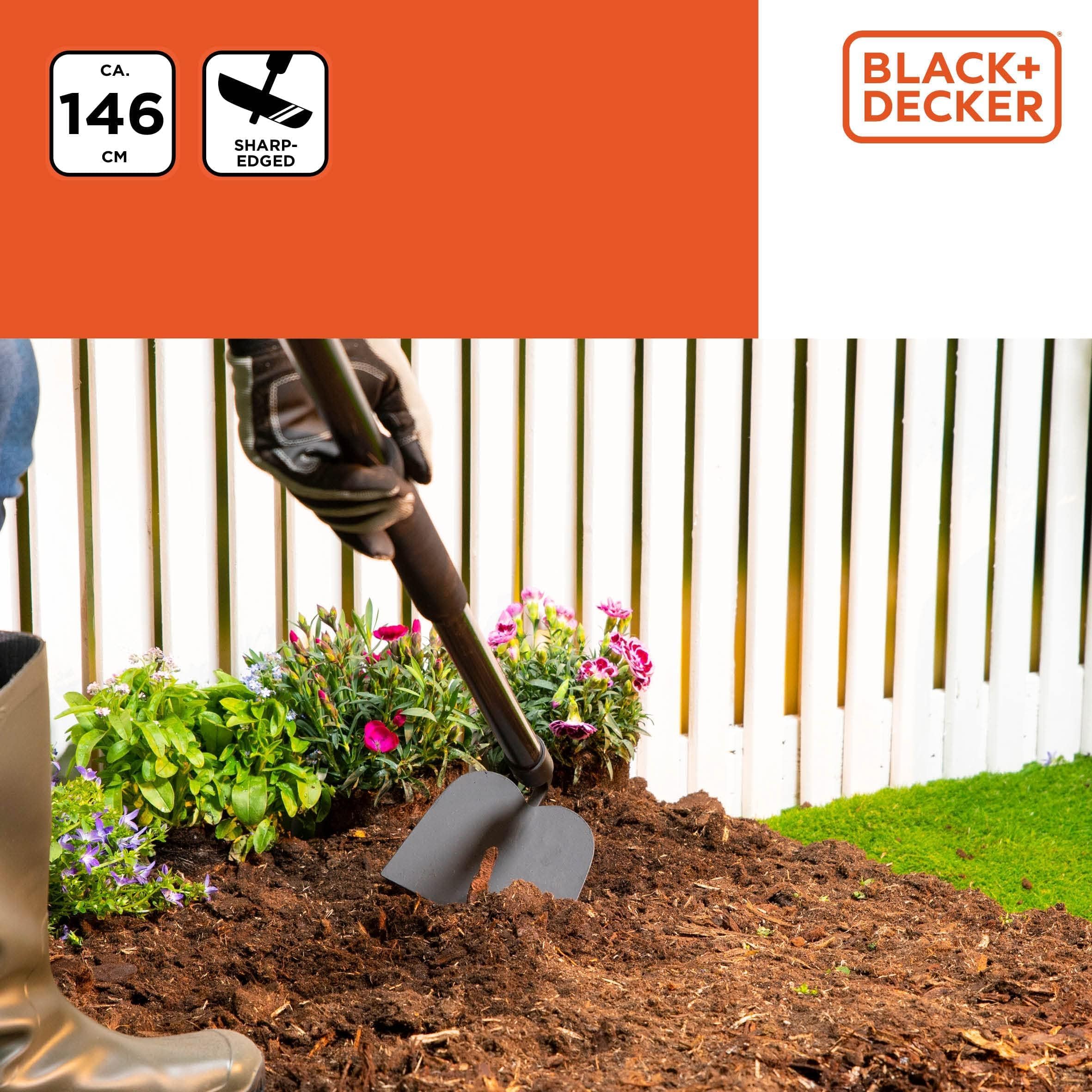 Black+Decker Motyka ogrodowa z trzonkiem – 146 x 16 x 14,5 cm – 990 g – motyka – pielenie chwastów i uprawa gleby – czarna/pomarańczowa