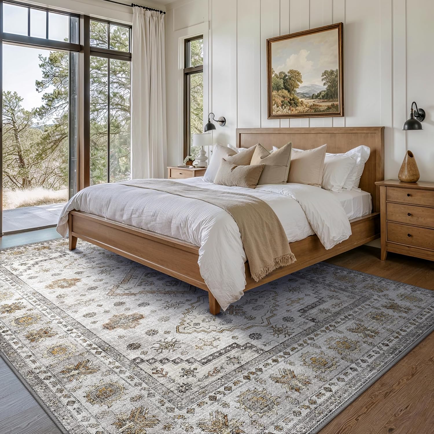 GENIMO 9x12 Area Rugs for Living Room, Machine Washable Low Pile Rugs, Non Slip Vintage Rug for Bedroom, Dining Room, Home Office, Kitchen, Ash