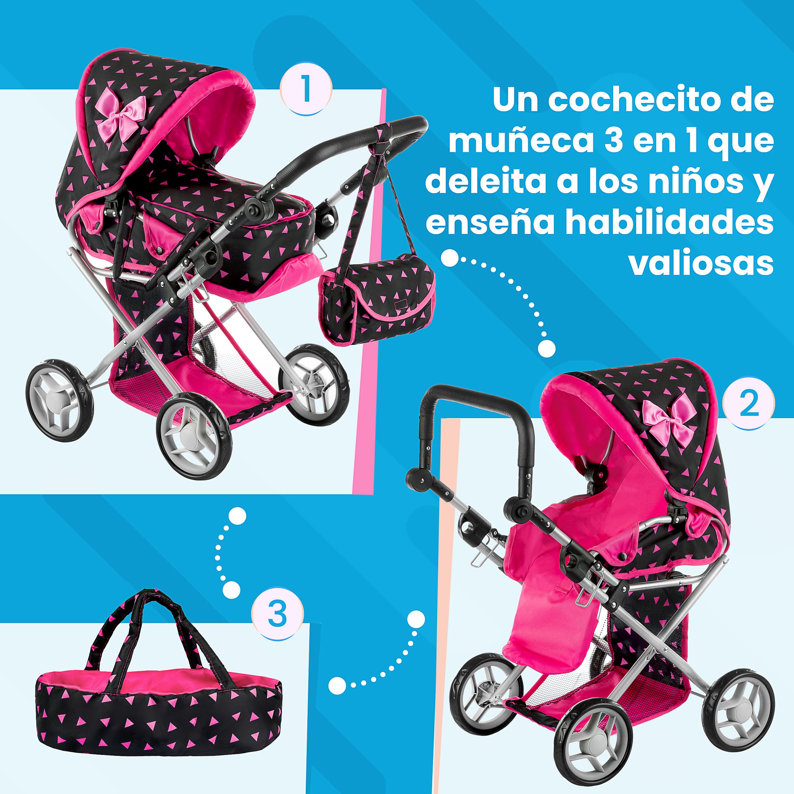 Kinderplay Carrito Bebe Juguetes, Cochecito para Muñecas - Cochecito de Muñecas, Gondola, Permite Ajustar El Mango En Un Rango de 36.5 cm a 64 cm, KP0200R