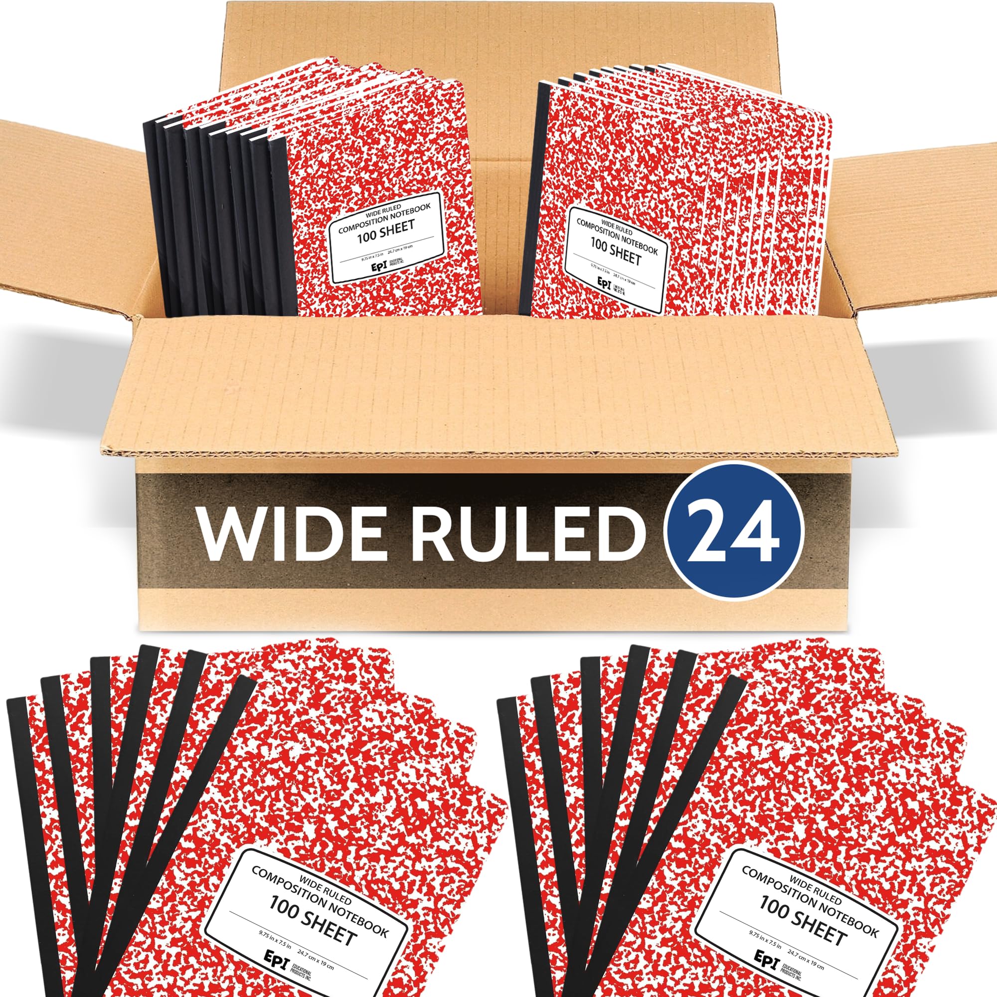 EPI 24 Pack - Red Marble Composition Notebook - Wide Ruled 200 Page Note Book - 9.75 x 7.5 Inch Hardcover Journal with Sewn Binding for Secure Pages -