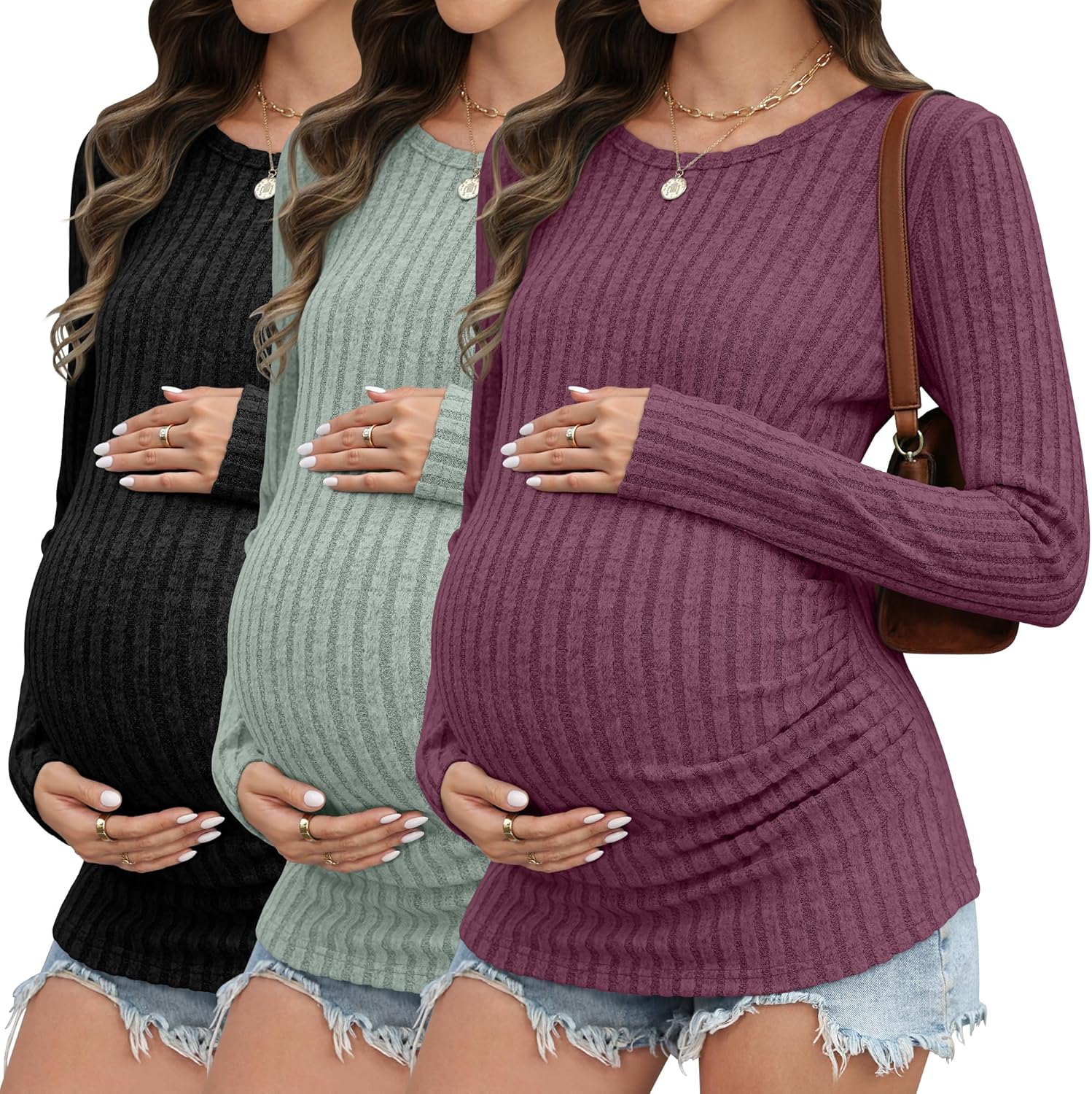 3 Pack Maternity Shirts Ribbed Long Sleeve Maternity Sweater Crew Neck Pregnancy Clothes for Women Thermal Top