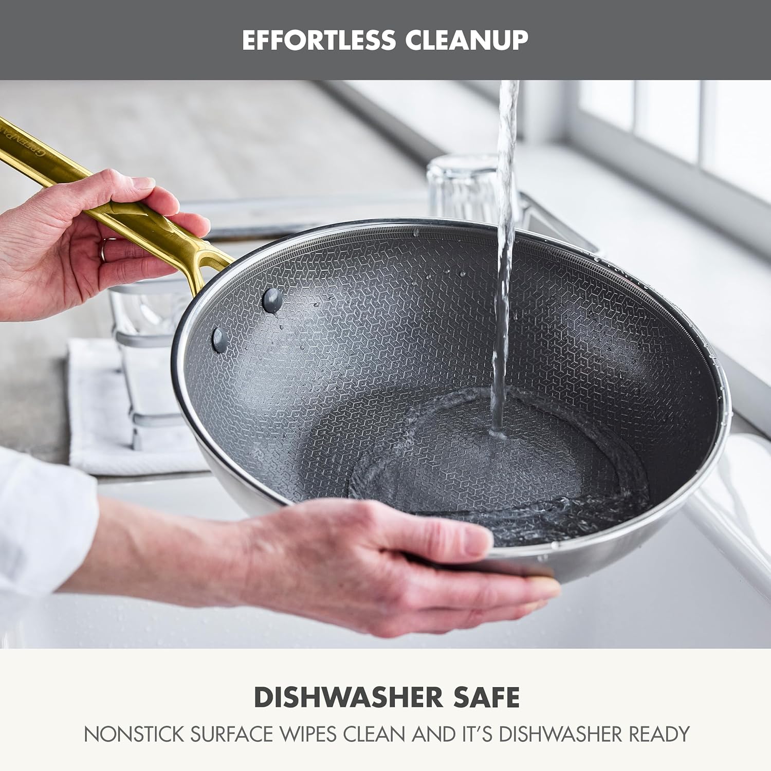 GreenPan Hybrid 11” Nonstick Stainless Steel Wok Pan, APEX Tri-Ply Thermobond PFAS-Free Ceramic Skillet, Induction & All Cooktop Compatible, Oven Temp to 850°F, Dishwasher Safe, Gold