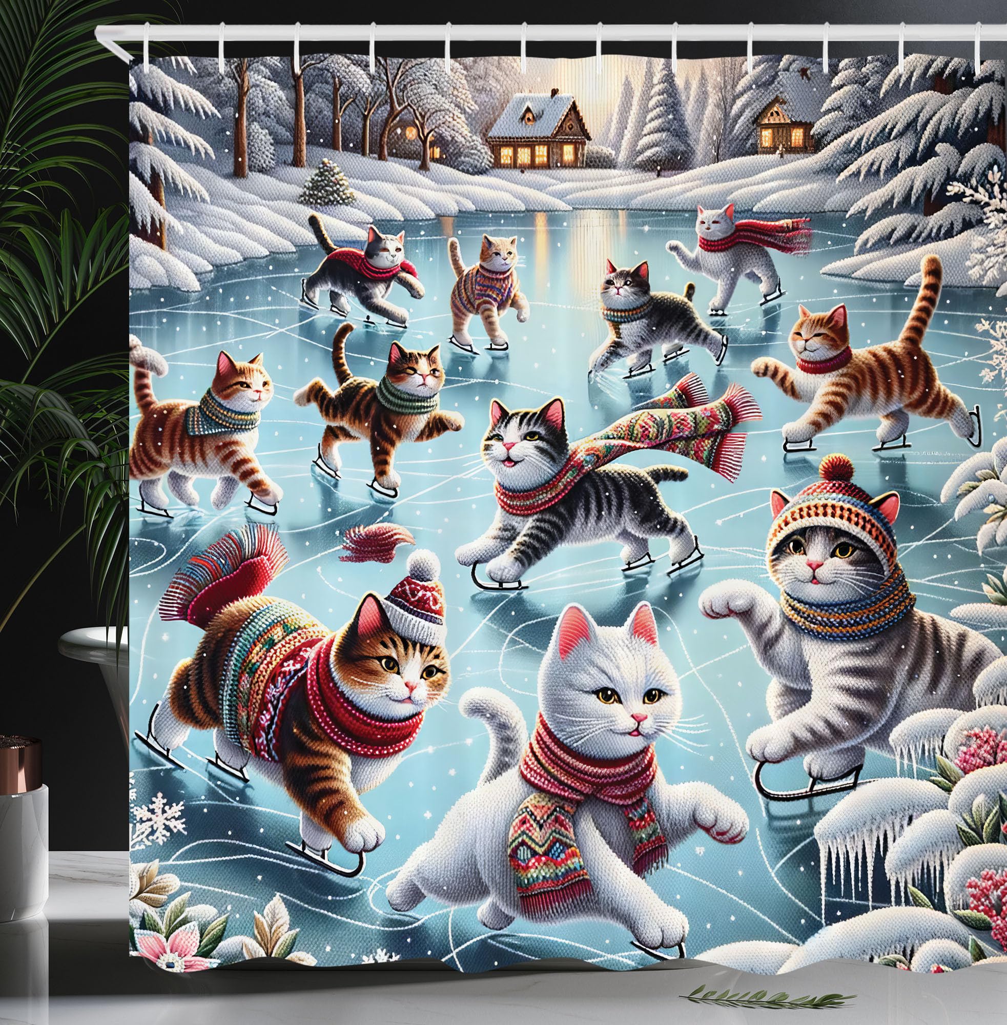 ABAKUHAUS Cat Shower Curtain, Cottages Ice Skating Kitties, Cloth Fabric Bathroom Decor Set with Hooks, 175 x 240 cm, Soft Blue Rust Orange