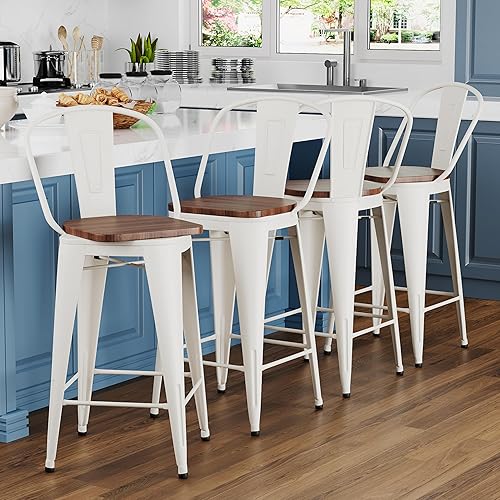 Juego de 4 taburetes de bar giratorios de metal de 26 pulgadas, taburetes de bar industriales de respaldo alto con asiento de madera grande, color