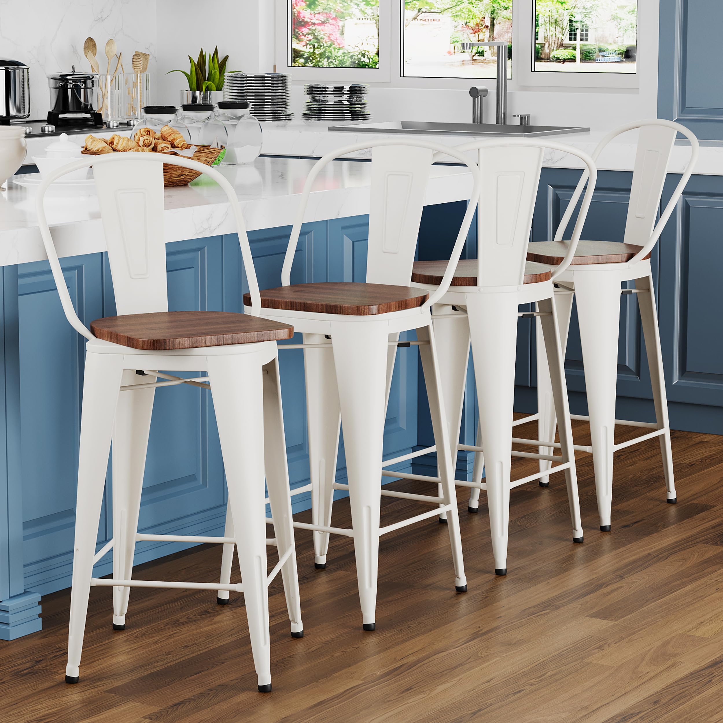 Apeaka 26" Swivel Metal Bar Stools Set of 4 Counter Height Bar Chairs Industrial High Back Barstools with Large Wooden Seat Cream White