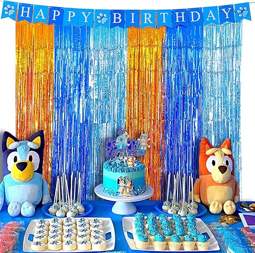 Miniatura 3 de Suministros para fiesta de cumpleaños de perro azul, cortinas de flecos de papel de aluminio de perro azul, 2 paquetes de serpentinas metálicas de