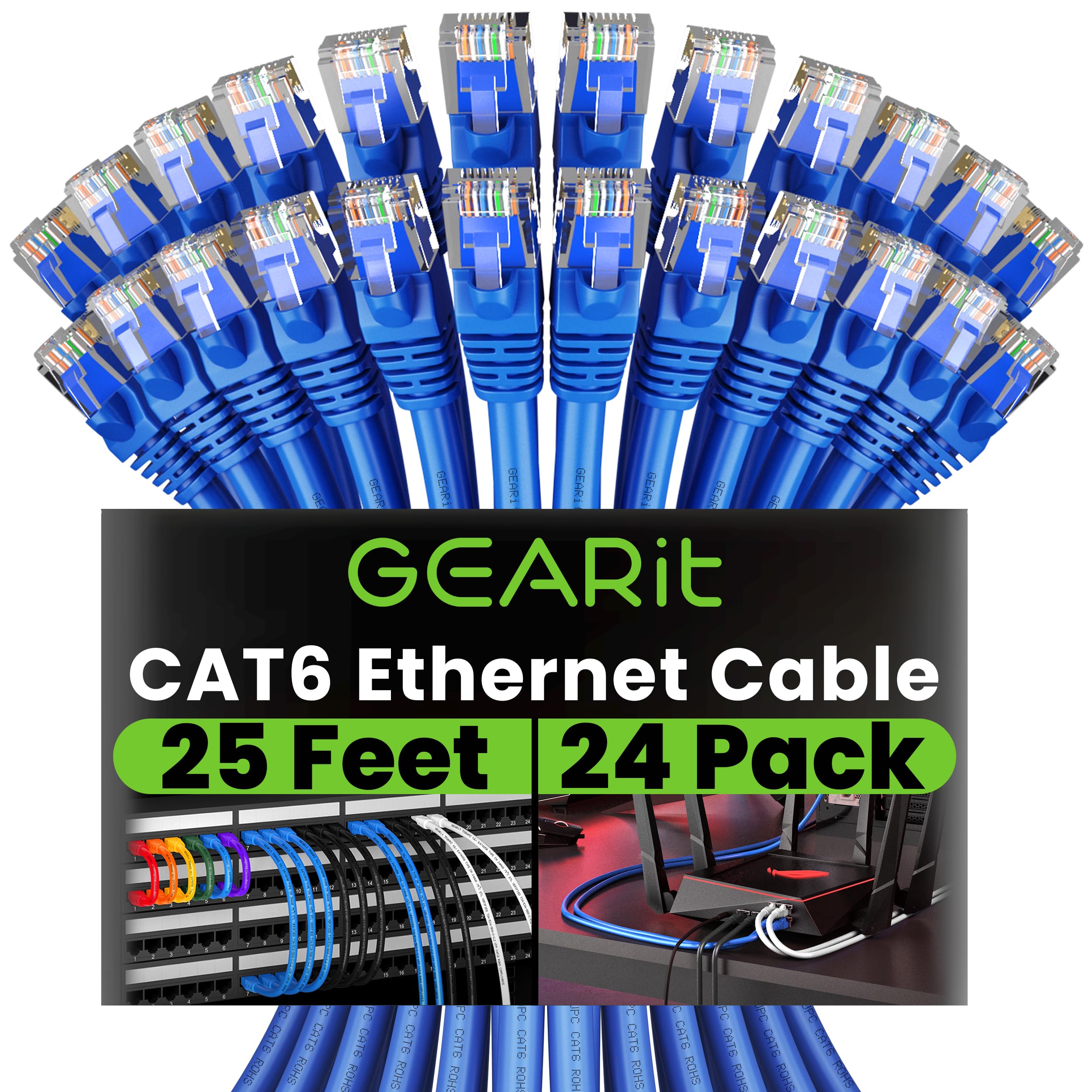 Gearit 100-Pack, Cat 6 Câble Ethernet Cat6 Snagless Patch 0,3 m – Snagless RJ45 Ordinateur réseau LAN Cord, Bleu – Compatible avec 5 Ports commutateur PoE 5port Gigabit 25 Feet (24-Pack) Bleu
