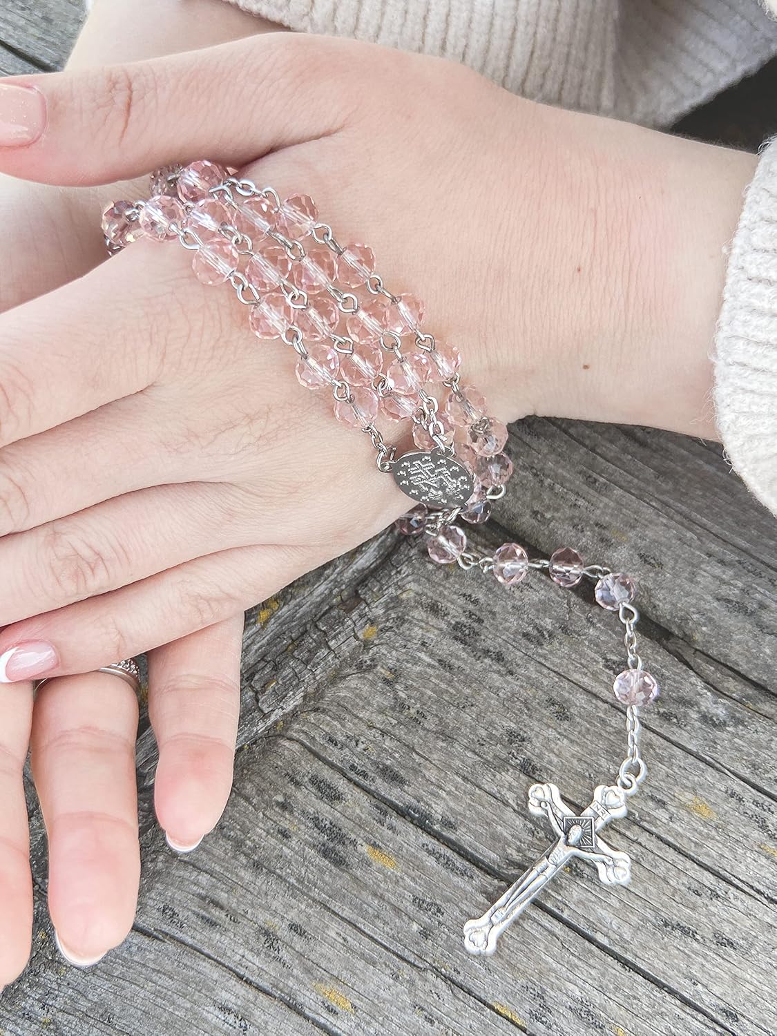 Nazareth Store Pink Pearl Beads Rosary Handmade Prayer Beaded Necklace with Miraculous Medal and Silver Cross - Image 7