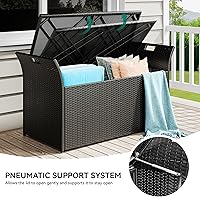 Vista 5 de YITAHOME 90 Gallon Outdoor Wicker Storage Bench w/Cushion, Large PE Rattan Deck Storage Box w/Handles & Hydraulics for Patio Furniture, Cushions