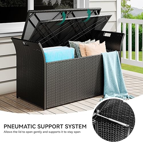 Miniatura 5 de YITAHOME 90 Gallon Outdoor Wicker Storage Bench w/Cushion, Large PE Rattan Deck Storage Box w/Handles & Hydraulics for Patio Furniture, Cushions