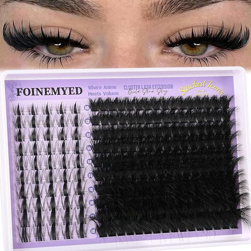 Cílios postiços em clusters FOINEMYED 3 em 1, estilos Fairy Spikes e volume 200D, 10–22 mm, 210 unidades