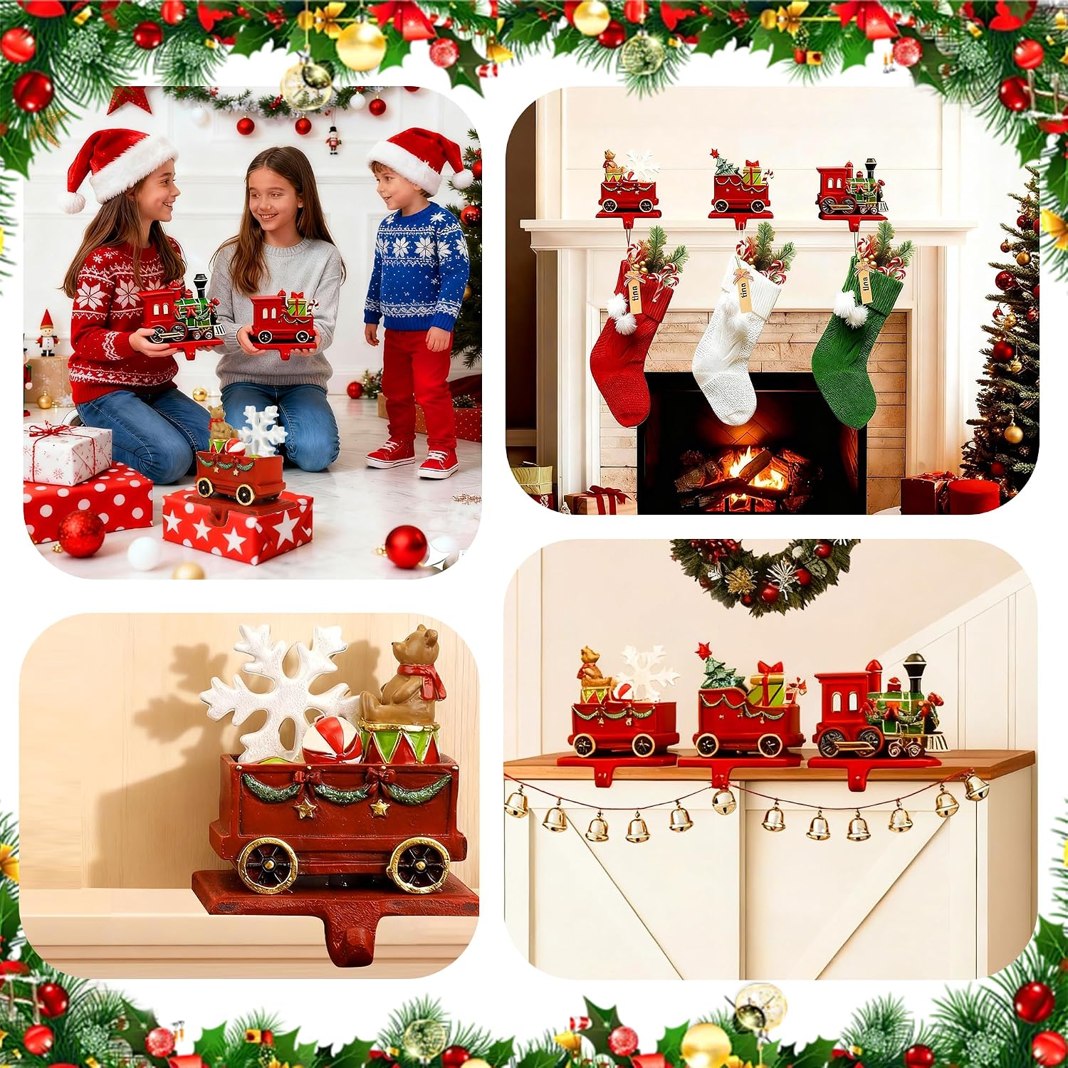 Christmas Train Stocking Holders for Mantle with Hook Set of 3, Red Cast Iron Weighted Stocking Hooks,Heavy Duty Stocking Hangers for Fireplace, Table, Holiday Party Mantle Decoration