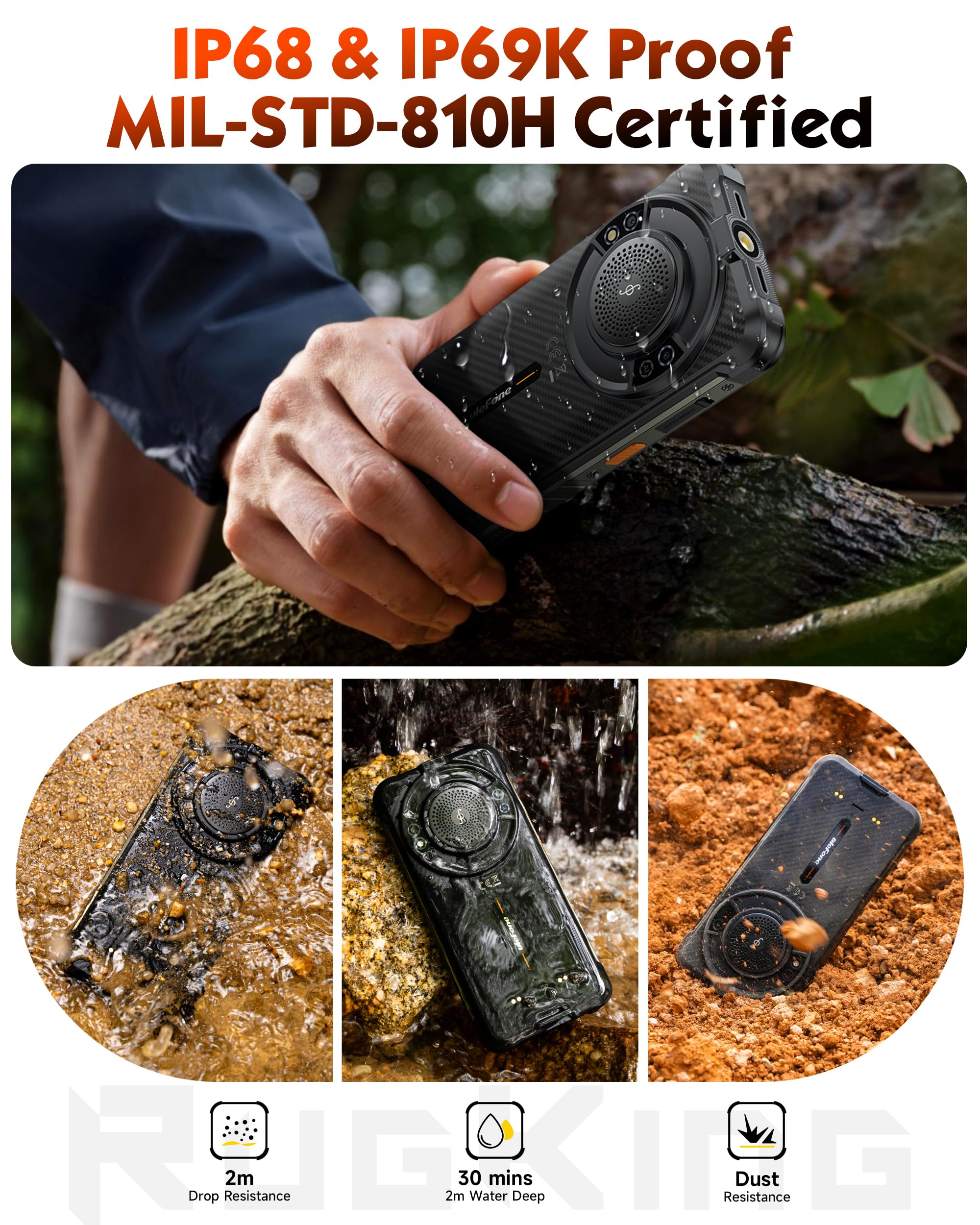 Ulefone RugKing Android 15 Rugged Smartphone, 9600mAh Battery, 126dB Loudest Speaker, 16GB+256GB 50MP Rear Camera 5.99" Tough Phone, Built-in 126 Lumens Glare Flashlight, NFC/Dual SIM/Widevine L1