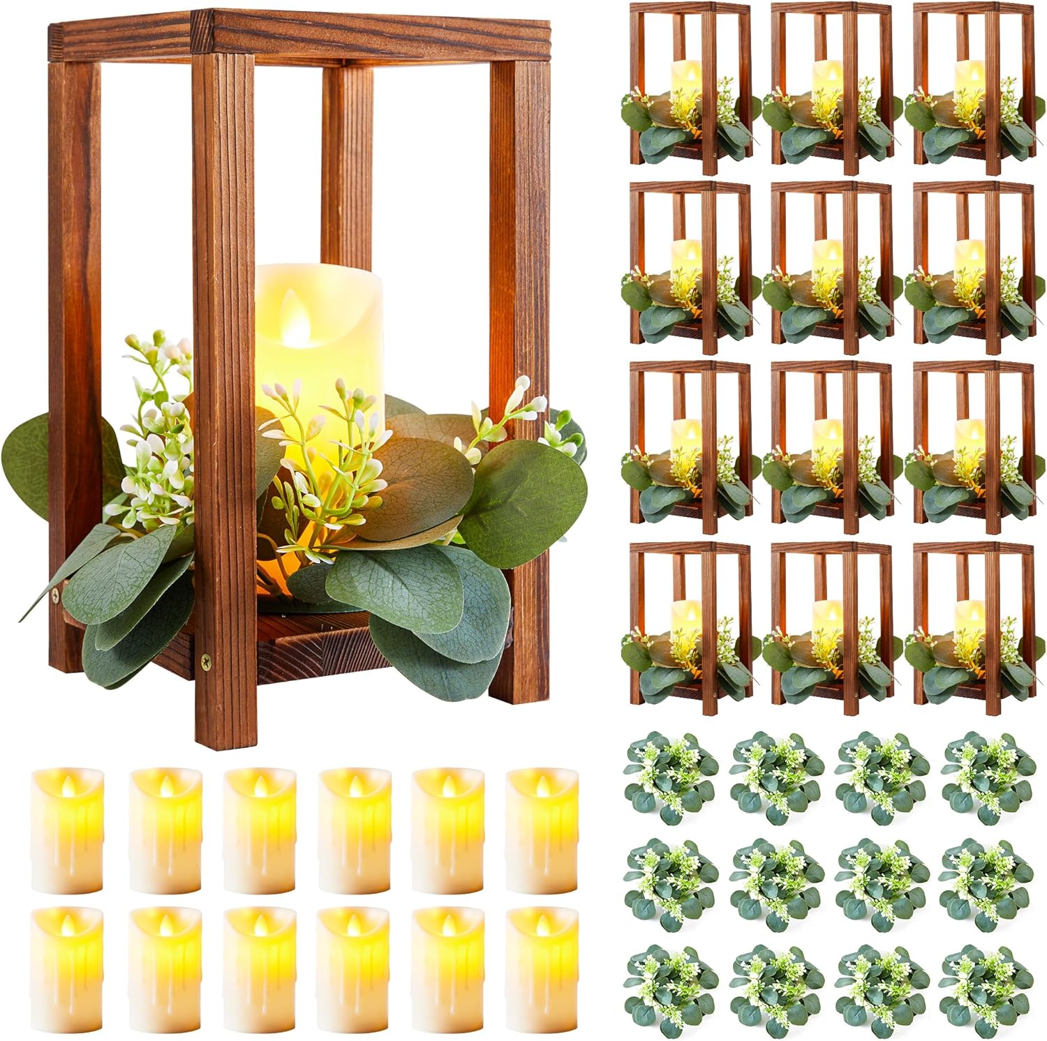 12 Set 36 Pcs Wooden Wedding Lantern Centerpiece,Include 12 Wooden Candle Holders 12 LED Candles 12 Eucalyptus Leaves Wreath for Rustic Wedding Table Decoration,Country Barn Wedding,Party(Dark Brown)