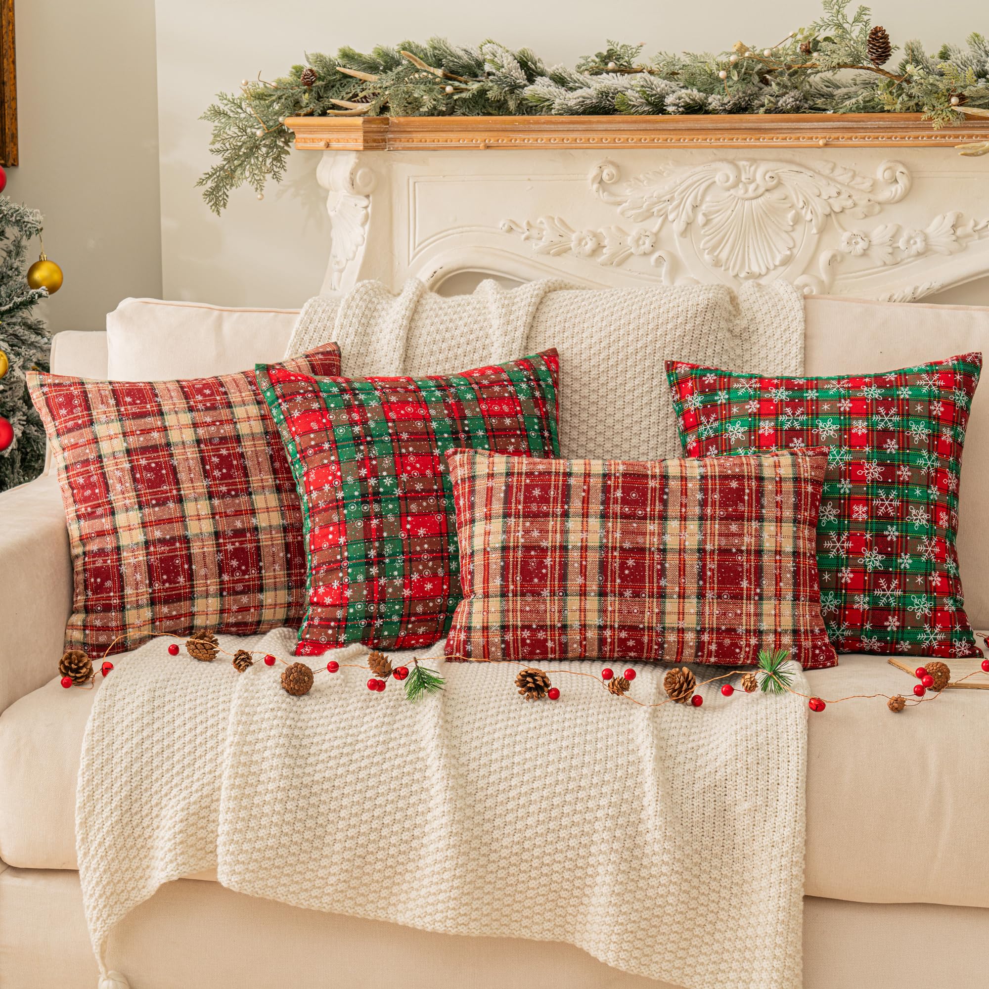Volcanics Christmas Tartan Plaid Throw Pillow Covers 18x18 Set Of 2 - Red & Green Farmhouse Holiday Decor - View #6