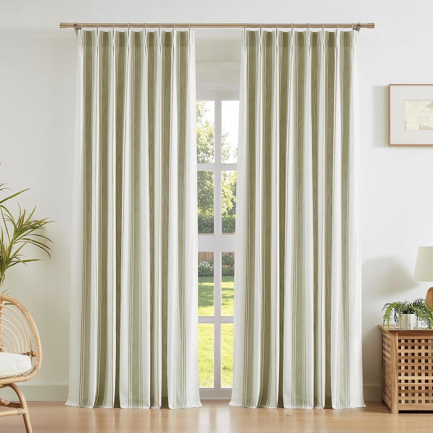 Vision Home Winslet Sage Striped Pinch Pleated Linen Curtains 40" Wx90 Lx2