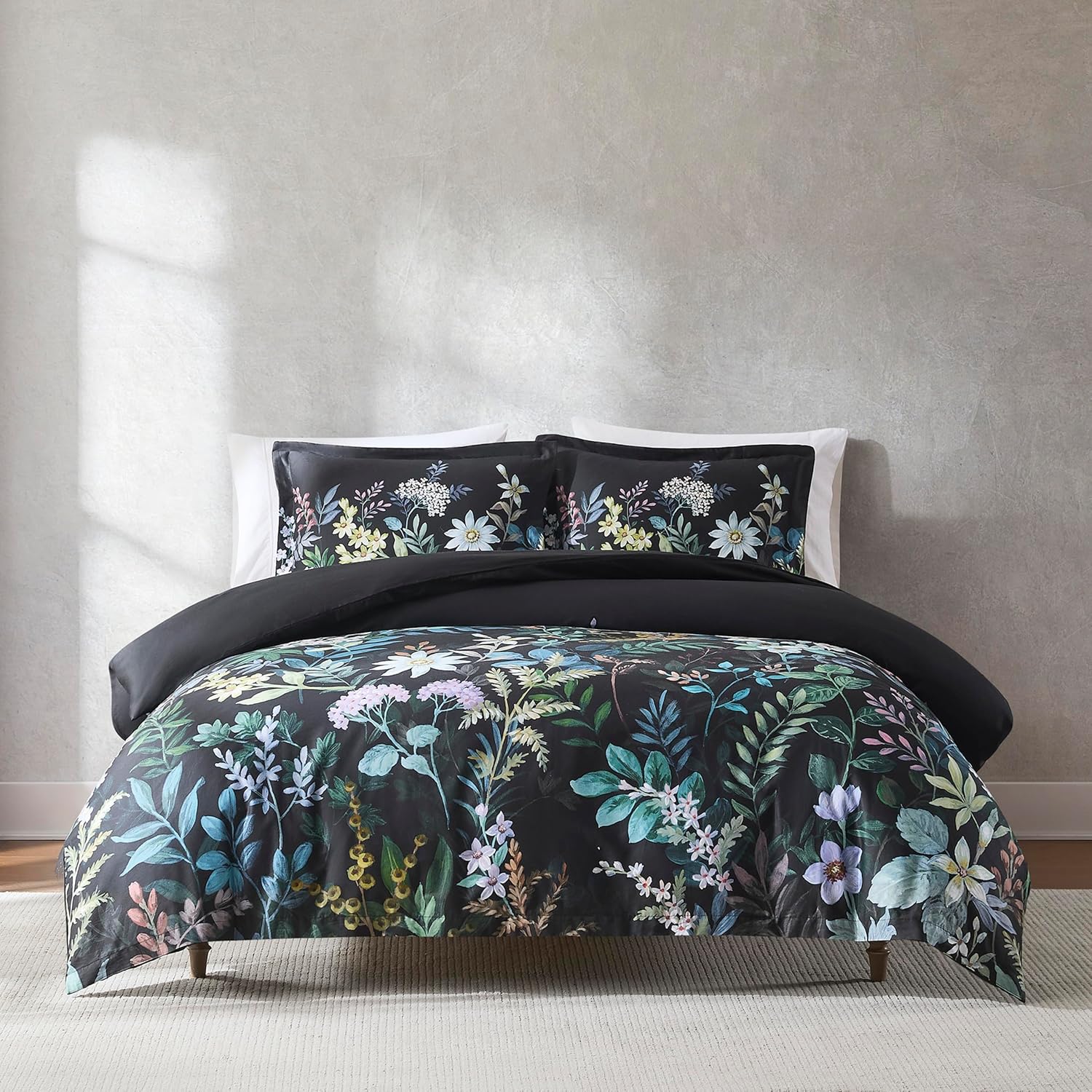 Lush Decor Fantasy Floral Cotton Duvet Cover 3 Piece Set King Black - Floral Duvet - Black Bedding Set - Goth Bedding - Modern Victorian Decor