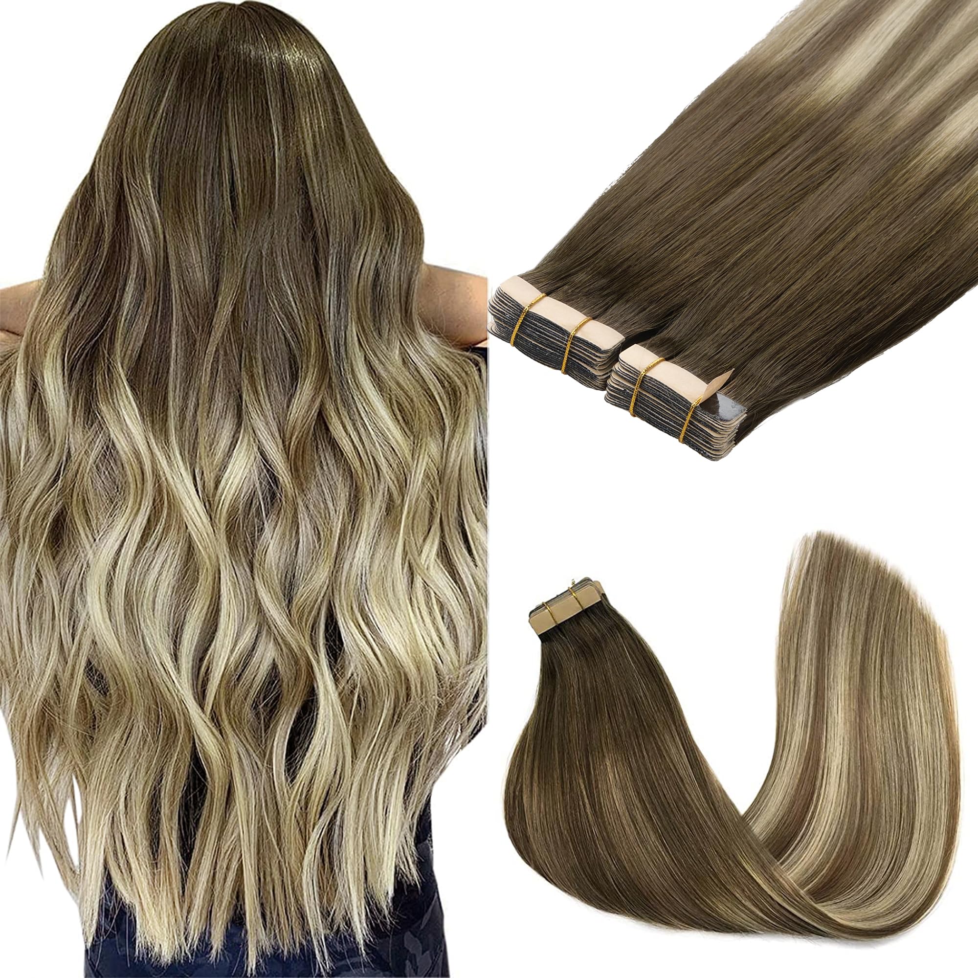 GOO GOO Tape in Hair Extensions human hair, tape Hair Extensions, 22inch 100g 40pcs, Human Hair Extensions, (T3/8)613 Blonde Ombre