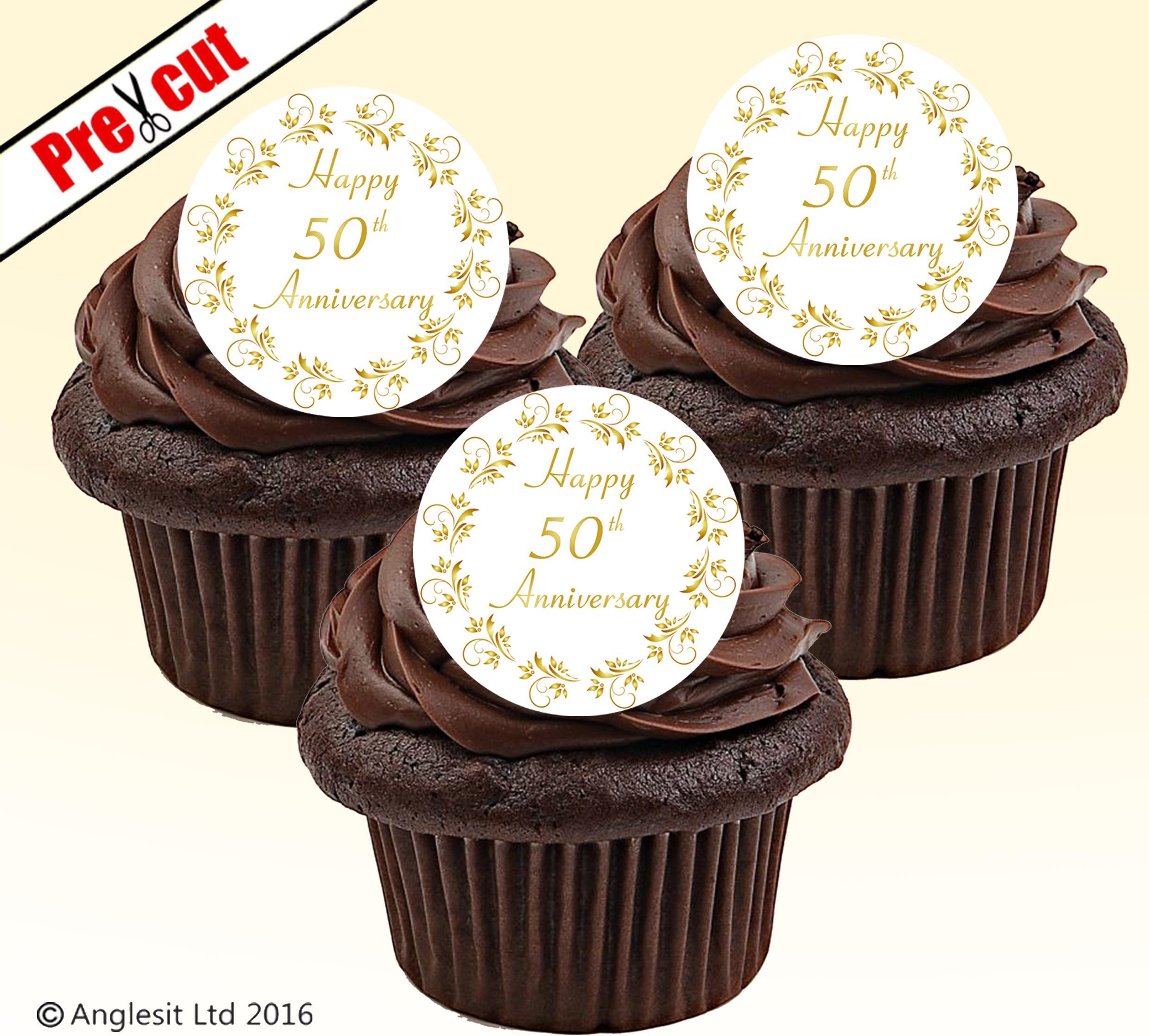 we PRE-CUT HAPPY 50TH ANNIVERSARY EDIBLE RICE / WAFER PAPER CUPCAKE CAKE TOPPERS WEDDING PARTY DECORATIONS