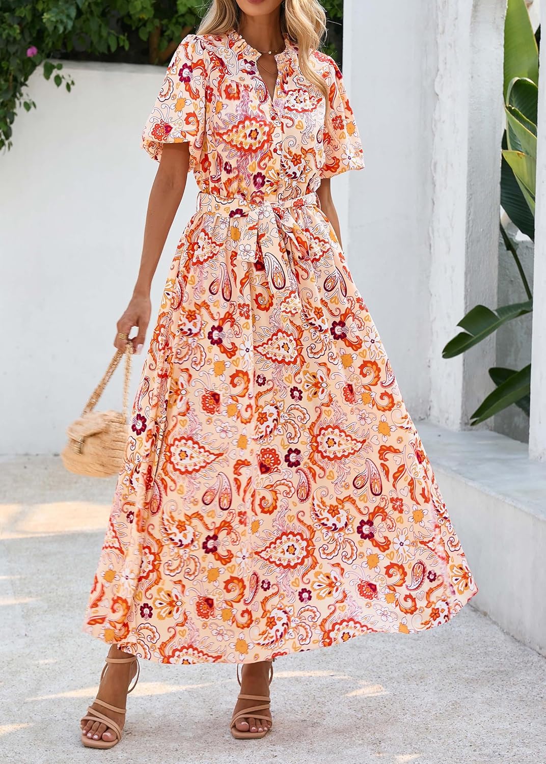 KIRUNDO Women Spring Summer Wedding Guest Boho Floral Maxi Dress Puff Sleeve Button Shirt V Neck Flowy Beach Vacation Dress - Image 7