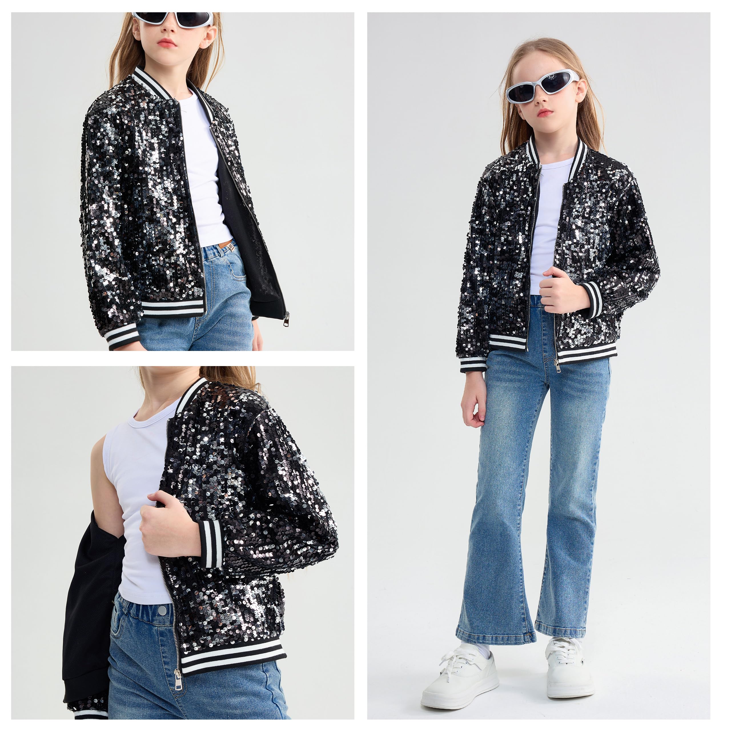LOLANTA Blouson Bombardier à Poches Zippées à Paillettes pour Filles Veste de Baseball à Manches Longues pour Enfants