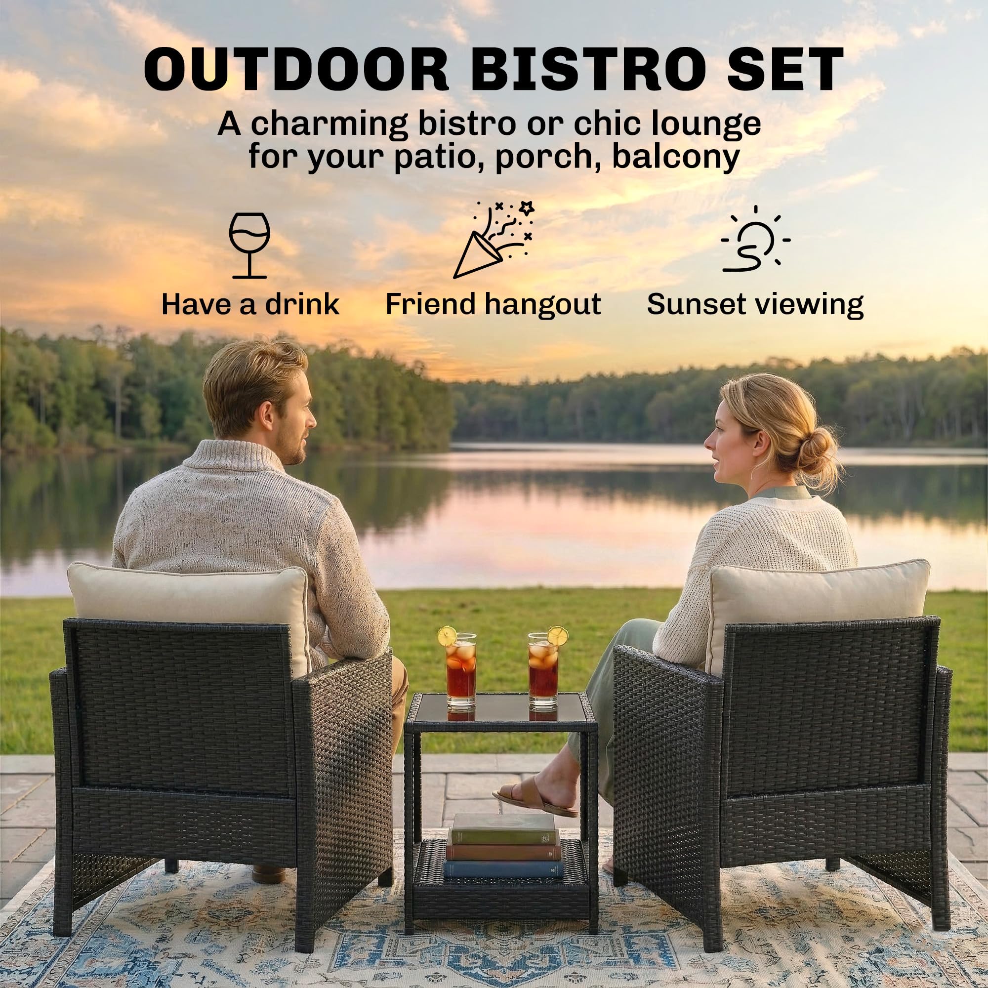 Outsunny 3 Piece Wicker Patio Furniture Set, PE Rattan Outdoor Bistro Set with Armchairs, 2-Tier Glass-Top Table, Cushions, Outdoor Conversation Furniture for Porch Balcony, Beige - 3