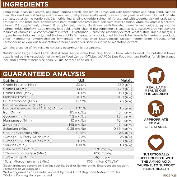 NutriSource Grain Free Dry Dog Food for Large Breeds, Lamb Meal, Salmon Meal and Peas, 26LB