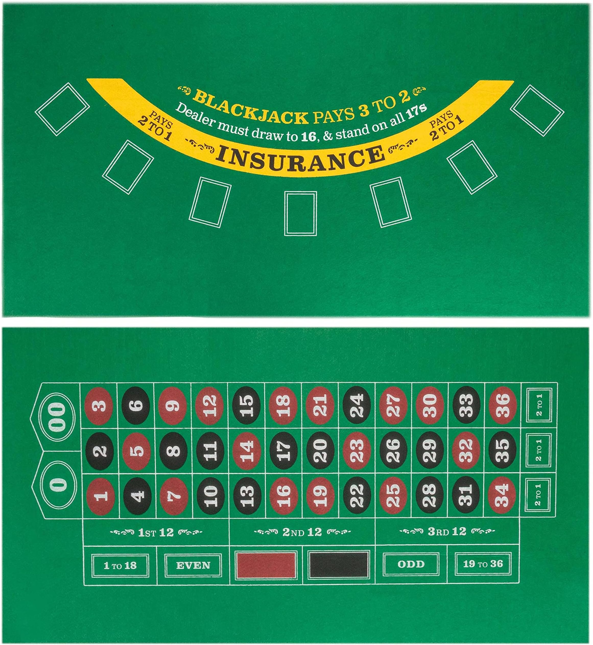 Mini Blackjack and Roulette Table Mat - Gaming Mat 36 x 18 inches to Fit Most Dining Room Tables - Roll Out Felt for Casino, Gambling Games - Double-Sided Felt For Casual and Entry Level Gamers