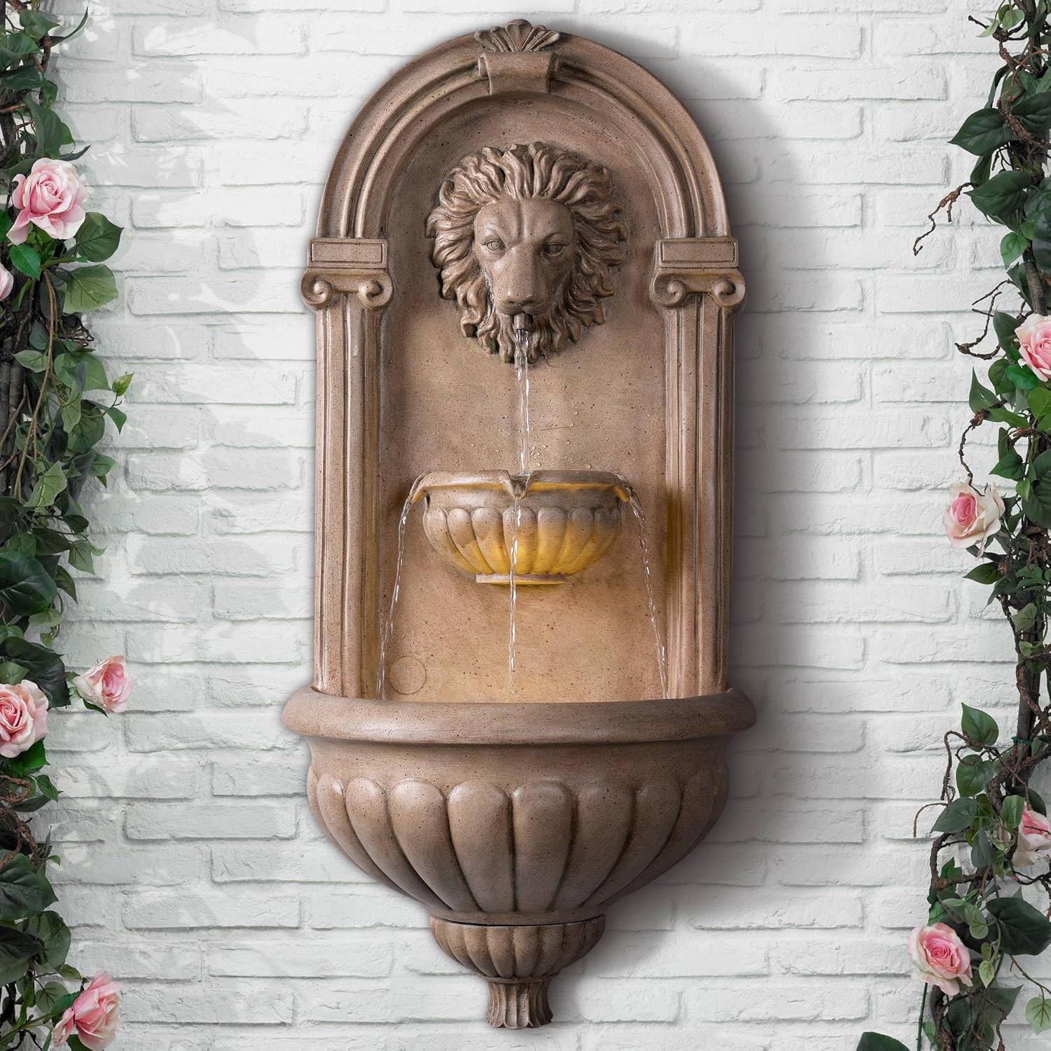 Royal Sandstone LED Outdoor Wall Fountain with Lion Head