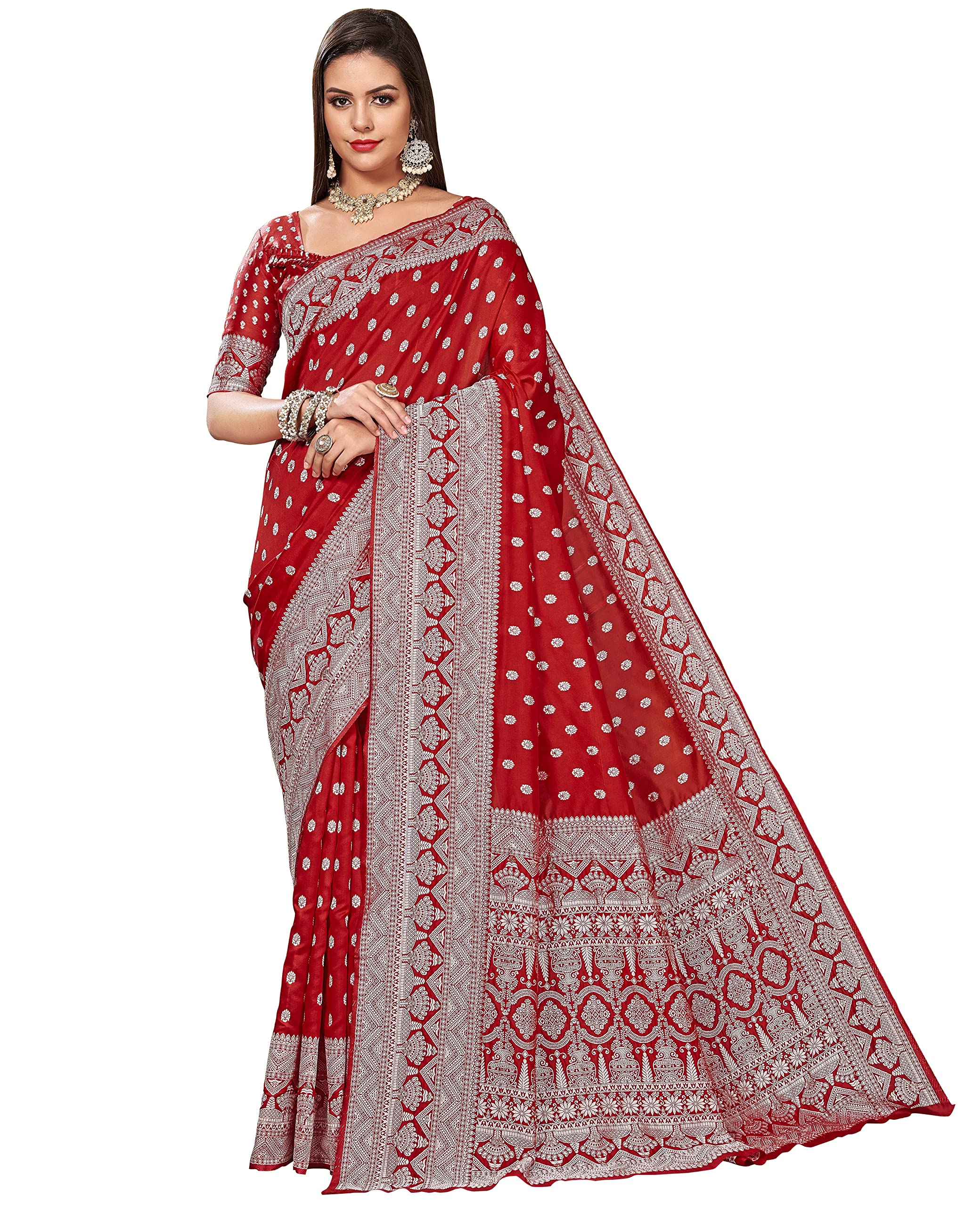 Glory Sarees Womens Banarasi Silk Saree With Blouse Piece (Kara173_Red)